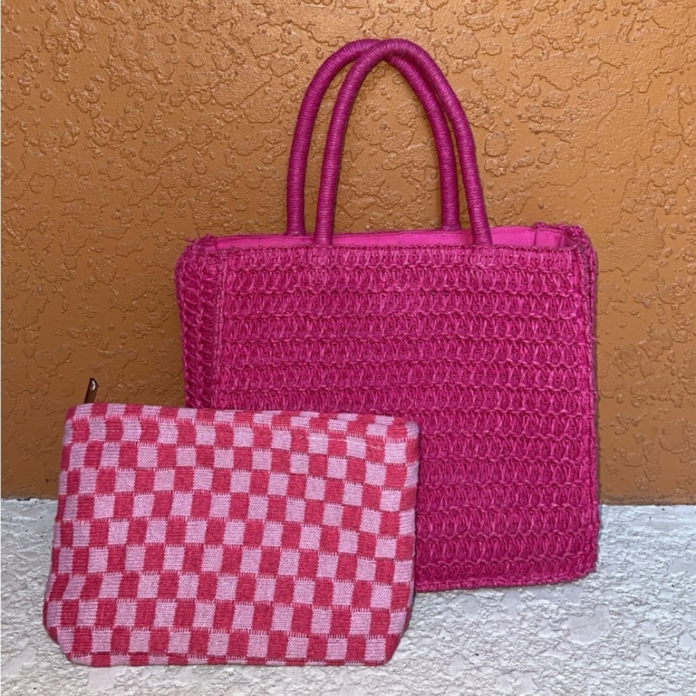 Pink Handwoven Tote Bag with cosmetic bag